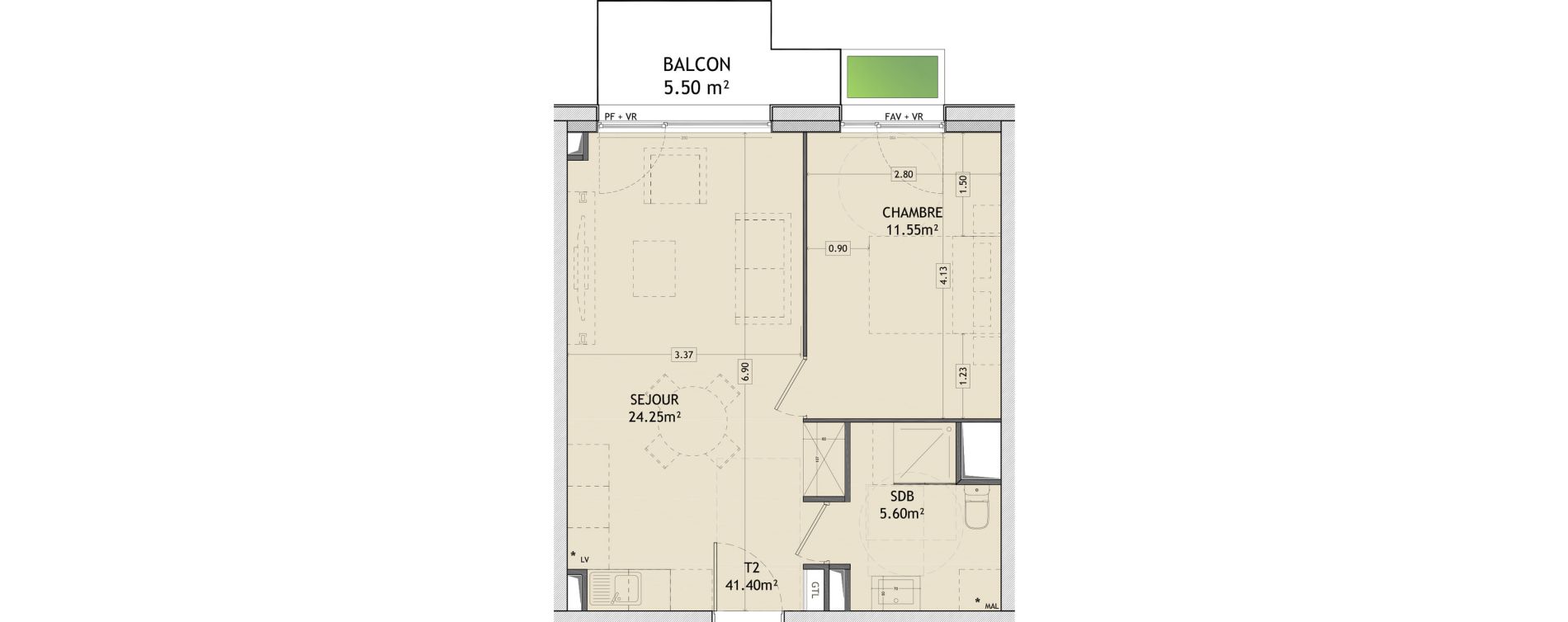 Appartement T2 de 41,25 m2 &agrave; Amiens La vall&eacute;e