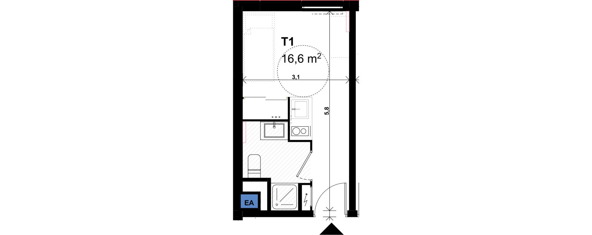 Appartement T1 de 16,60 m2 &agrave; Amiens Intercampus