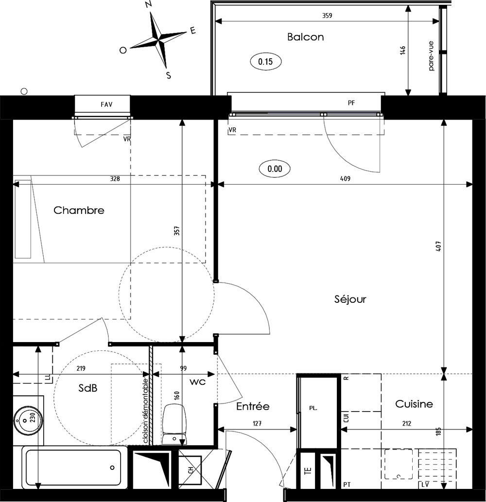 Plan appartement T2 de 42,03 m² neuf, résidence « Les Chrysalides » à ...