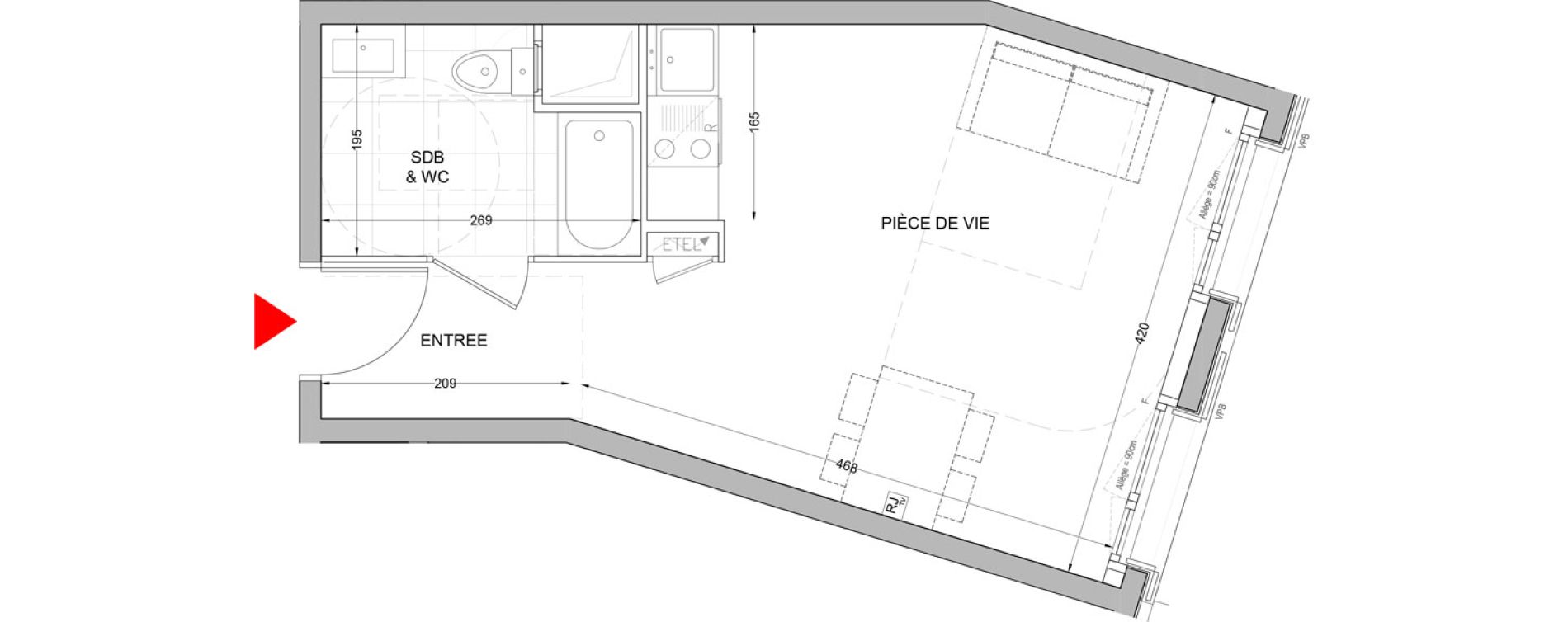 Appartement T1 de 26,33 m2 &agrave; Br&eacute;tigny-Sur-Orge Carouge joncs marins