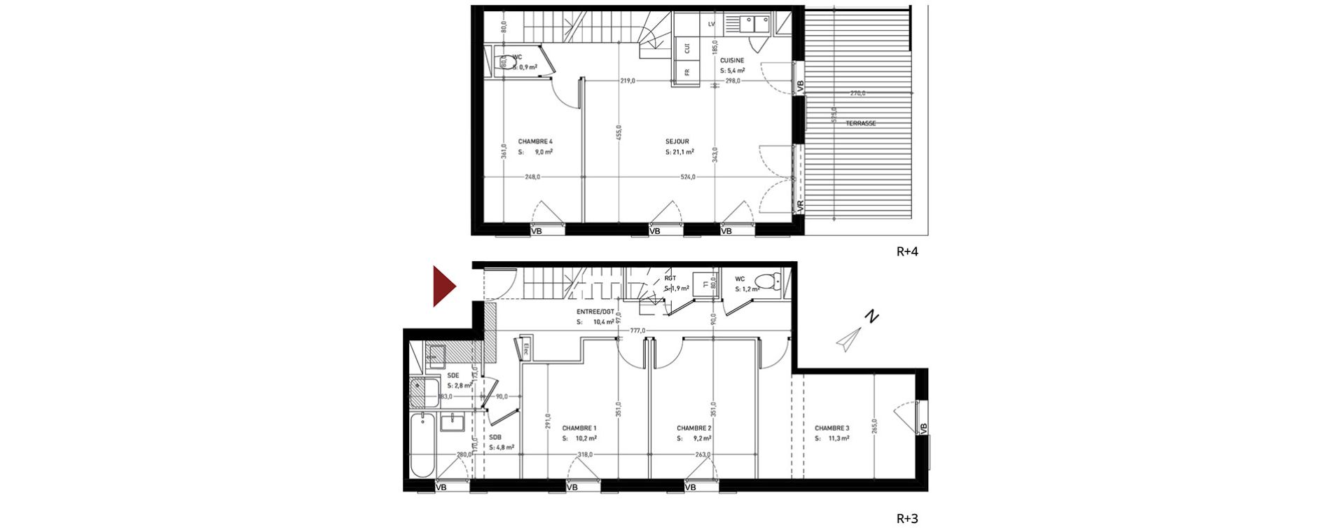 Duplex T5 de 88,00 m2 &agrave; Br&eacute;tigny-Sur-Orge Clause-bois badeau