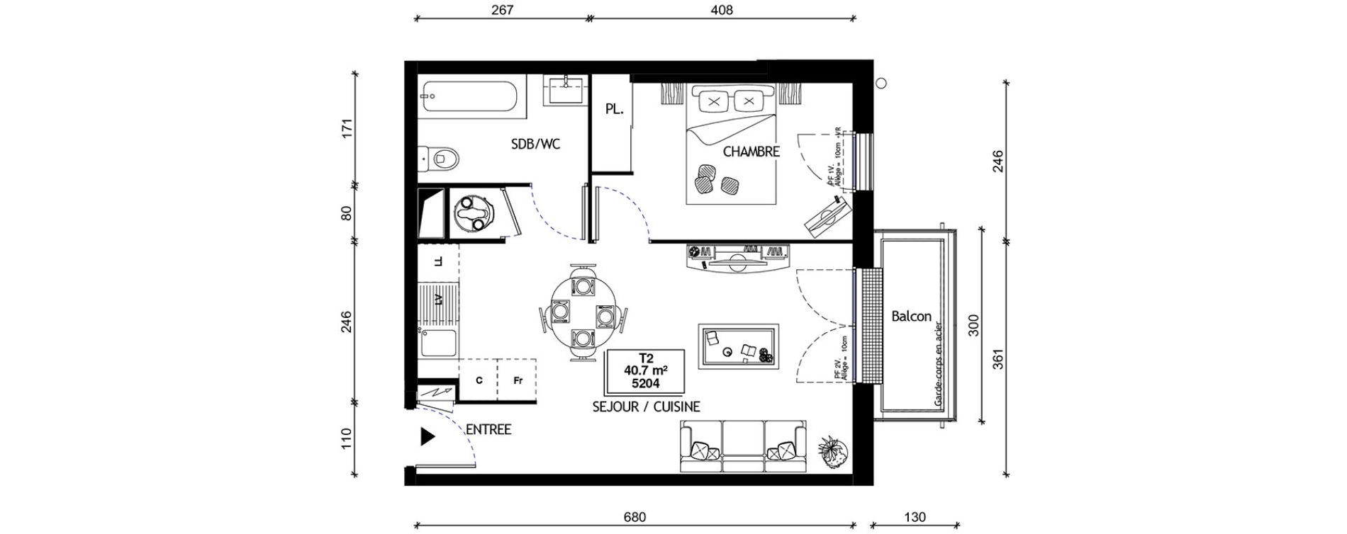 Appartement T2 de 40,70 m2 &agrave; Breuillet Centre
