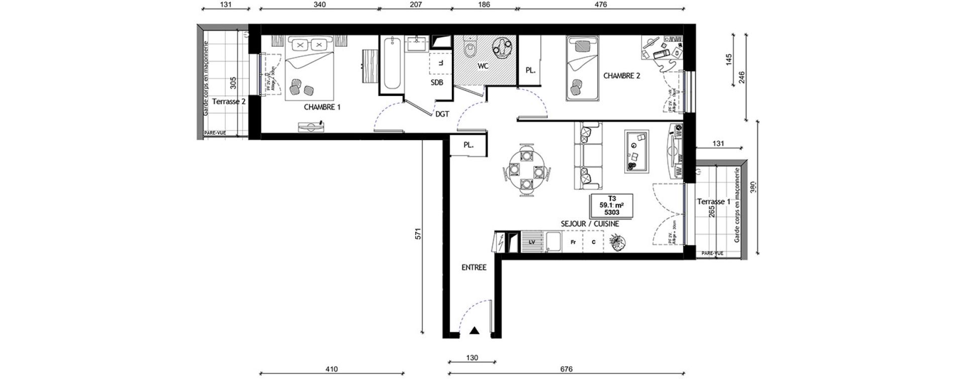 Appartement T3 de 59,10 m2 &agrave; Breuillet Centre