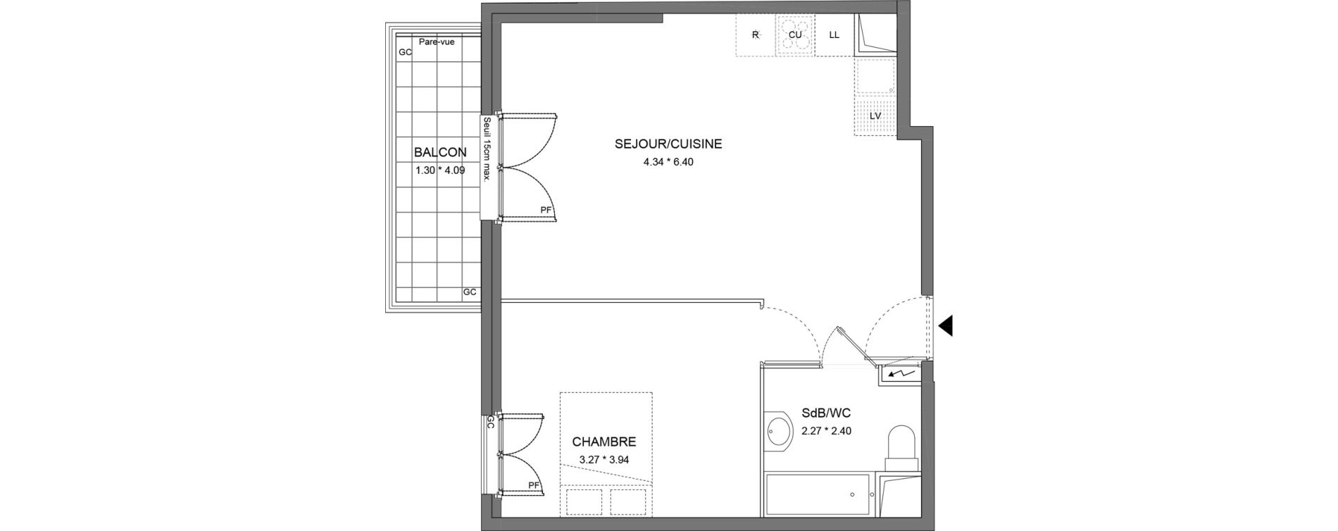 Appartement T2 de 46,53 m2 &agrave; Dourdan Le parterre
