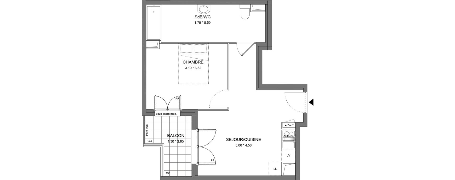 Appartement T2 de 40,32 m2 &agrave; Dourdan Le parterre