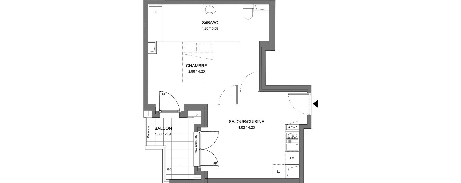 Appartement T2 de 40,23 m2 &agrave; Dourdan Le parterre