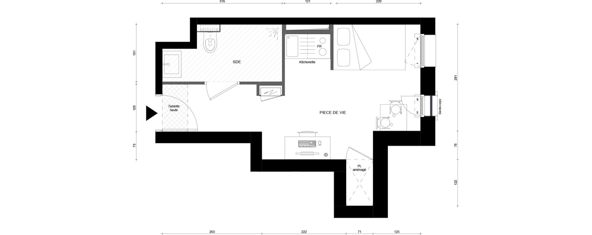 Studio meubl&eacute; de 20,60 m2 &agrave; &Eacute;vry &eacute;pinettes