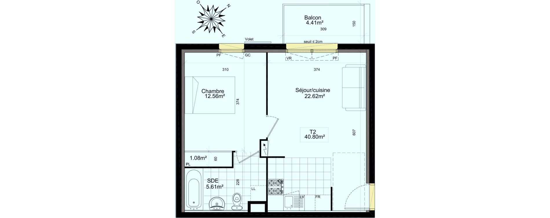 Appartement T2 de 40,80 m2 &agrave; Mauchamps Centre