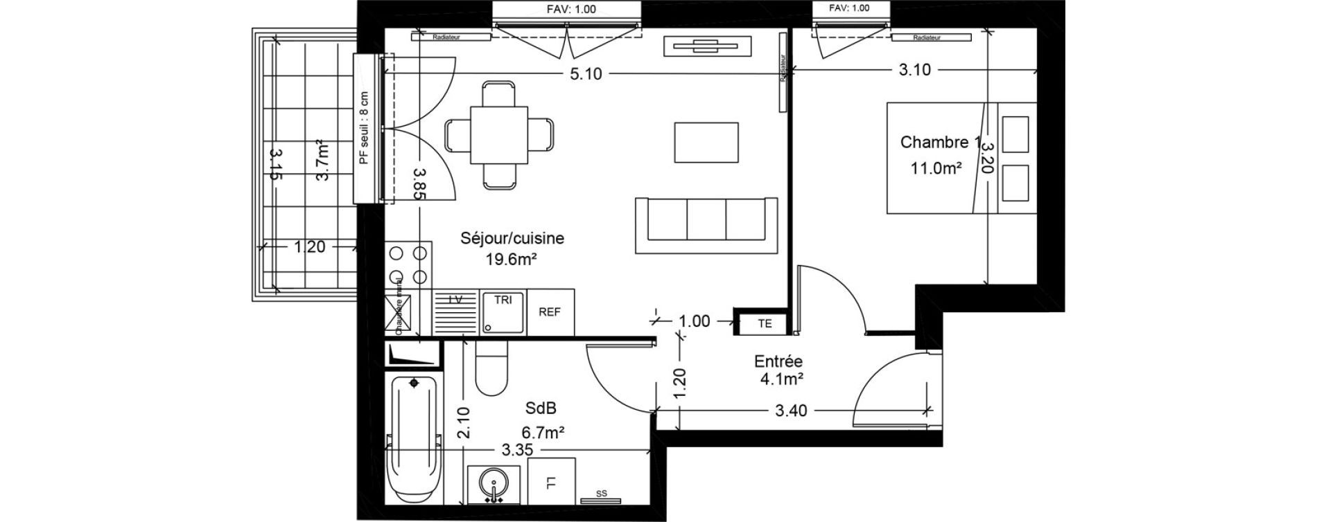 Appartement T2 de 41,40 m2 &agrave; Montlh&eacute;ry Centre