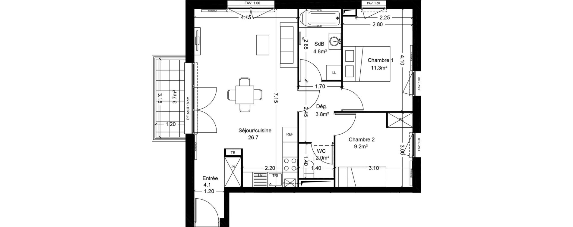 Appartement T3 de 61,90 m2 &agrave; Montlh&eacute;ry Centre