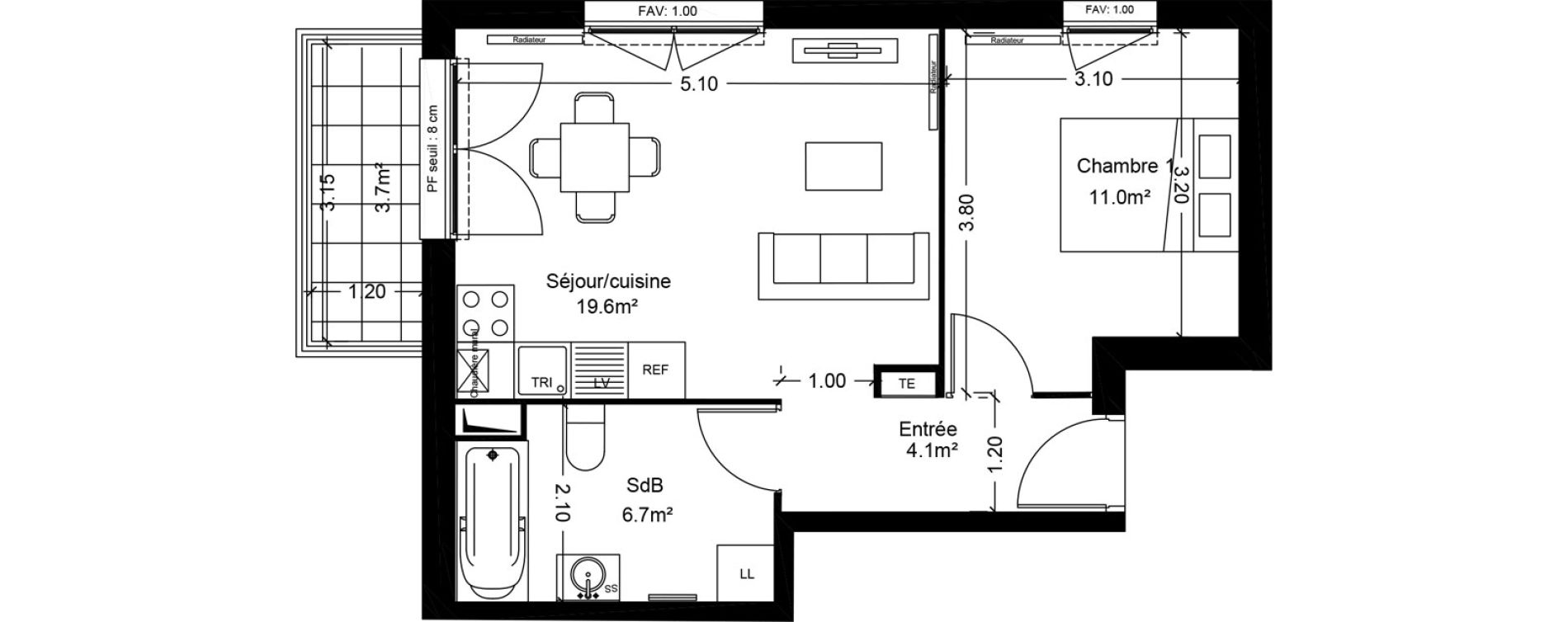 Appartement T2 de 41,40 m2 &agrave; Montlh&eacute;ry Centre