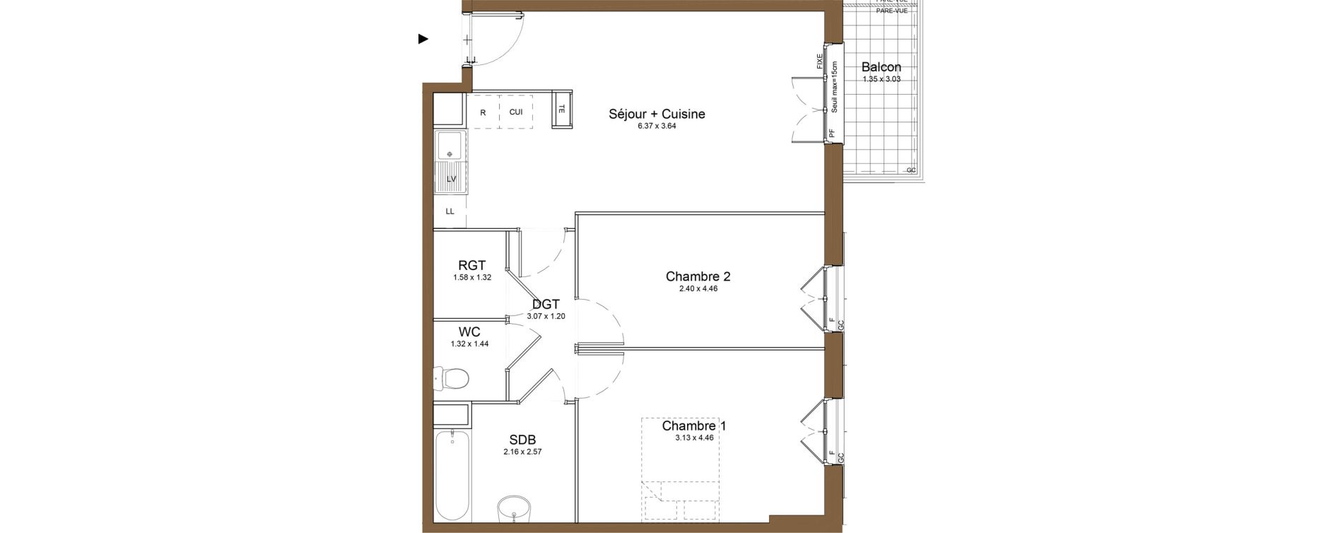 Appartement T3 de 62,18 m2 &agrave; Montlh&eacute;ry Centre