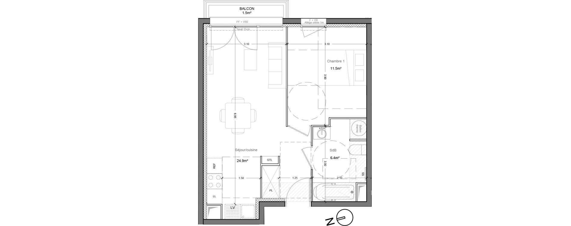 Appartement T2 de 42,80 m2 &agrave; Montlh&eacute;ry Centre