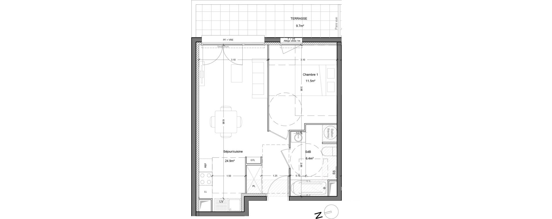 Appartement T2 de 42,80 m2 &agrave; Montlh&eacute;ry Centre