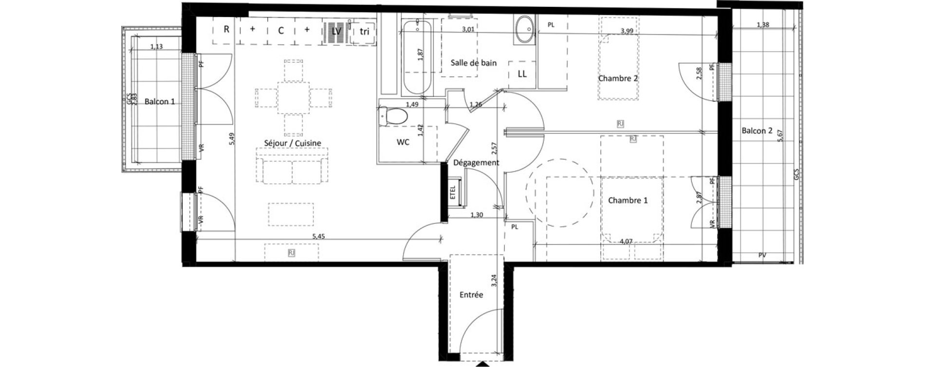 Appartement T3 de 61,59 m2 &agrave; Montlh&eacute;ry Centre