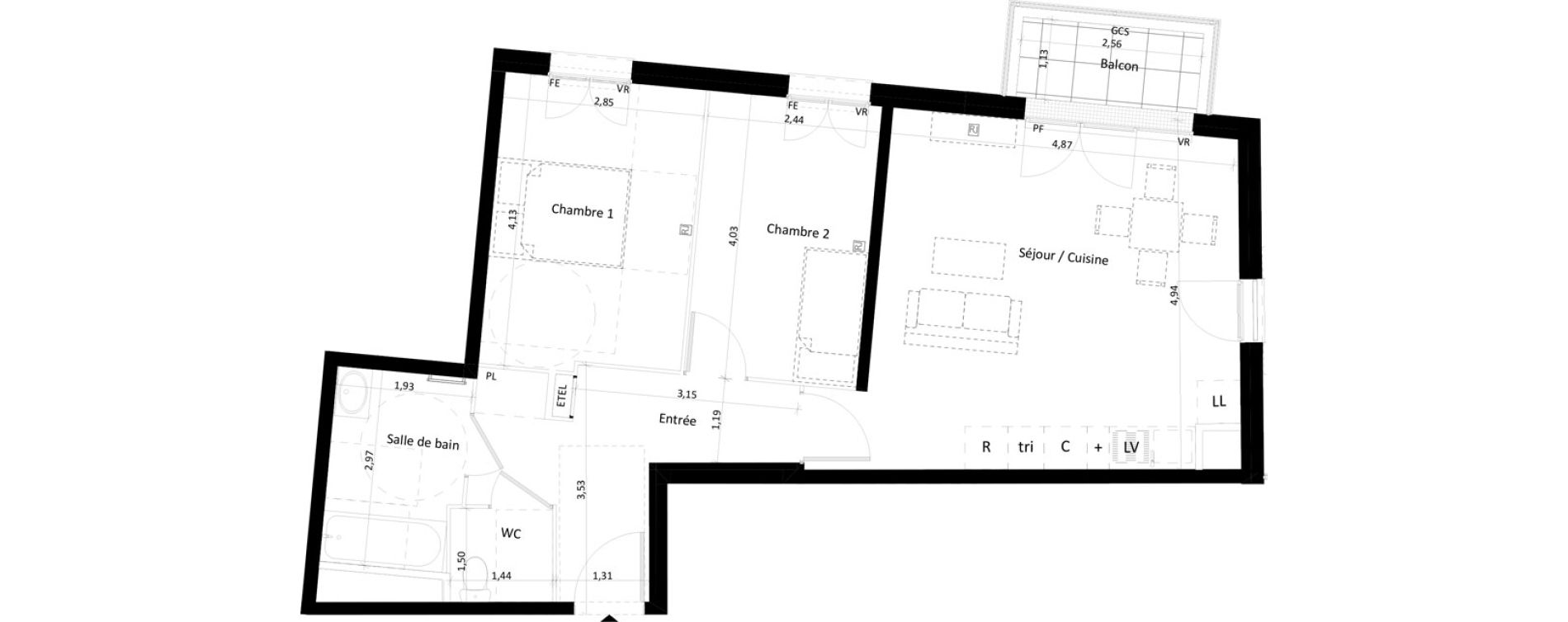 Appartement T3 de 62,85 m2 &agrave; Montlh&eacute;ry Centre