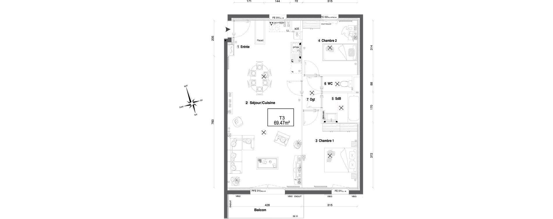 Appartement T3 de 69,47 m2 &agrave; Morangis Croix boisseli&egrave;re - bl&eacute;s d'or