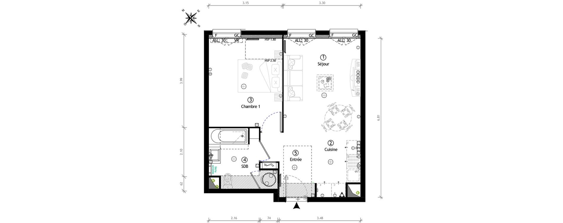 Appartement T2 de 41,25 m2 &agrave; Ormoy Centre