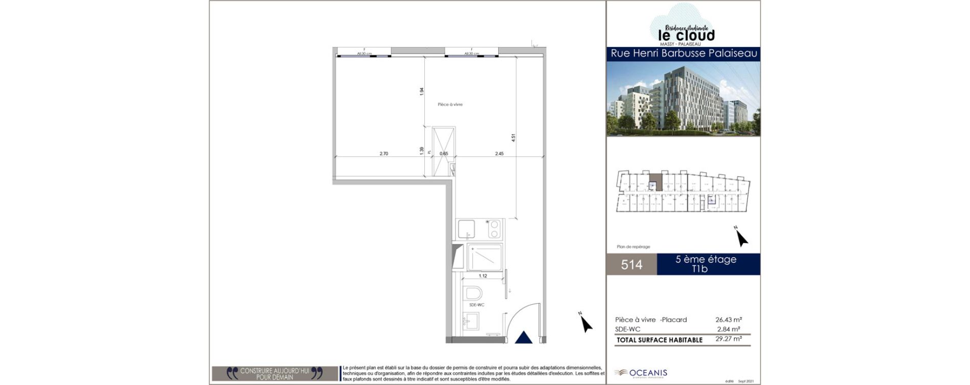 Appartement T1 bis de 29,27 m2 &agrave; Palaiseau Centre