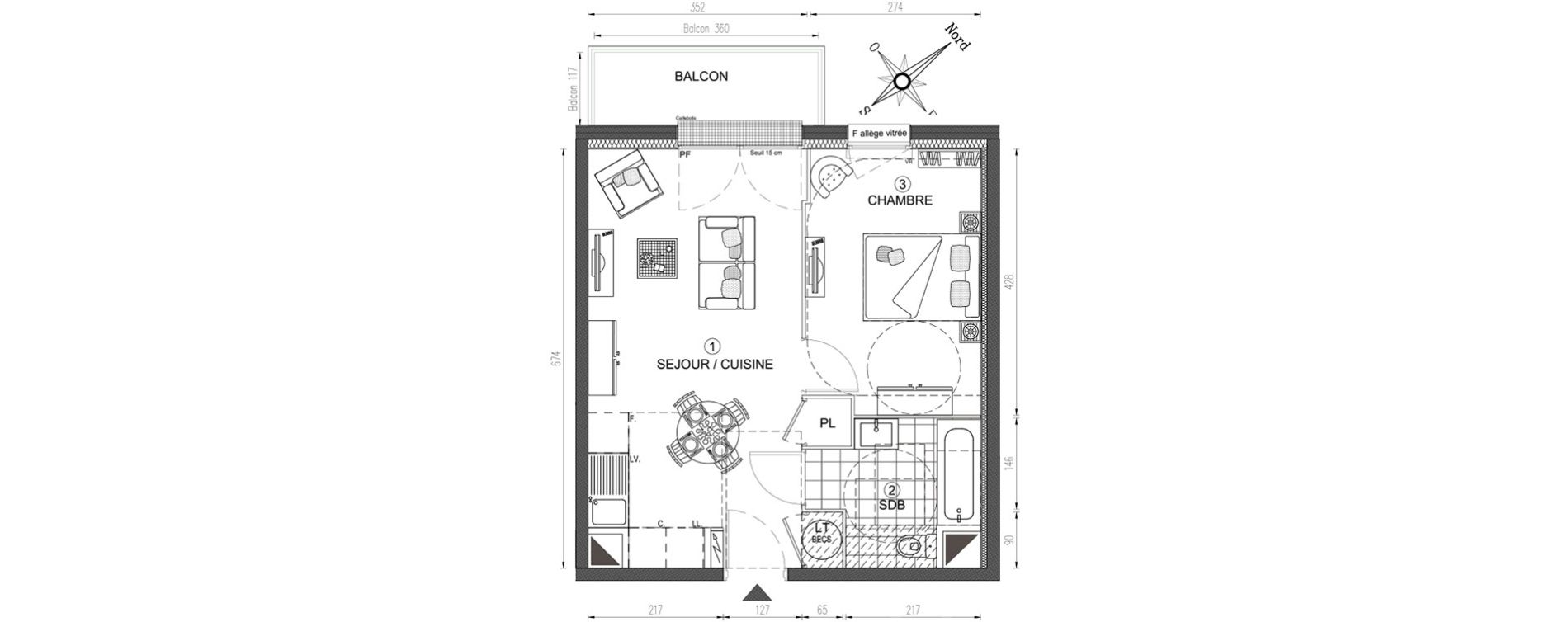 Appartement T2 de 40,86 m2 &agrave; Vert-Le-Grand Centre