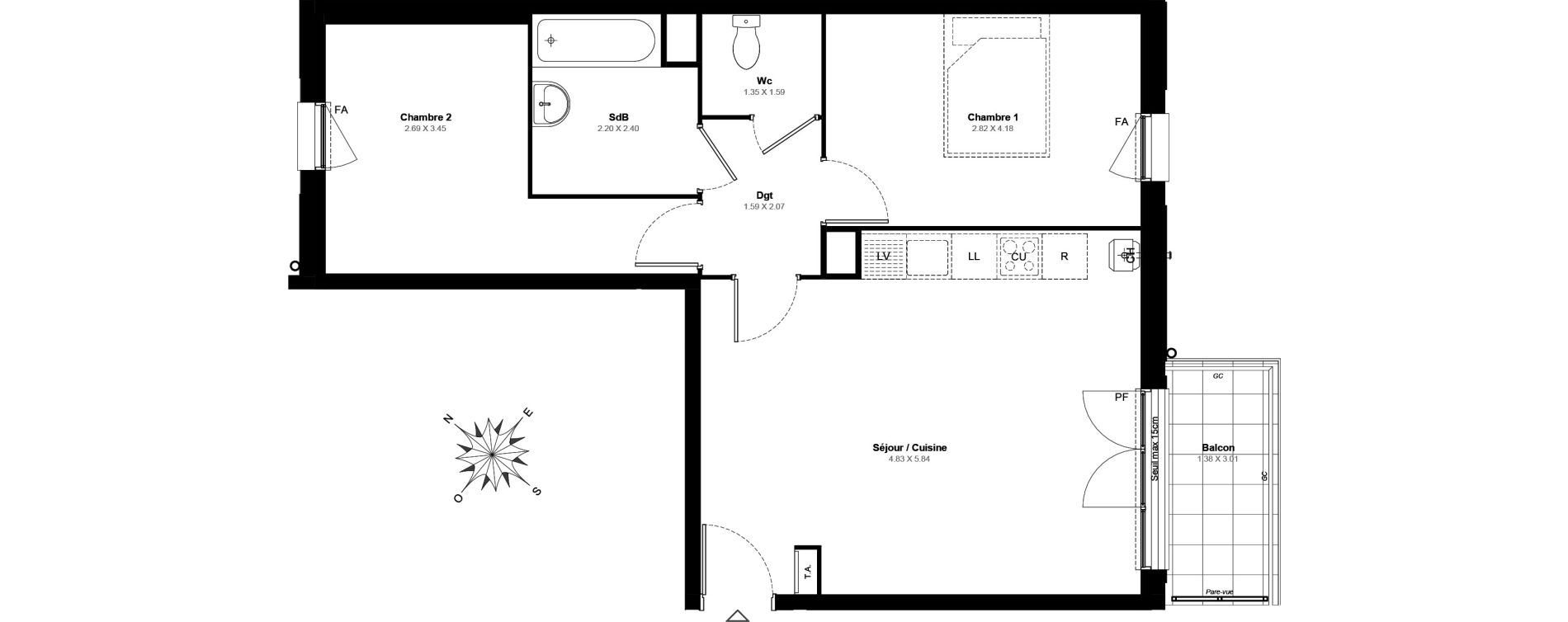 Appartement T3 de 59,90 m2 &agrave; Villab&eacute; Centre