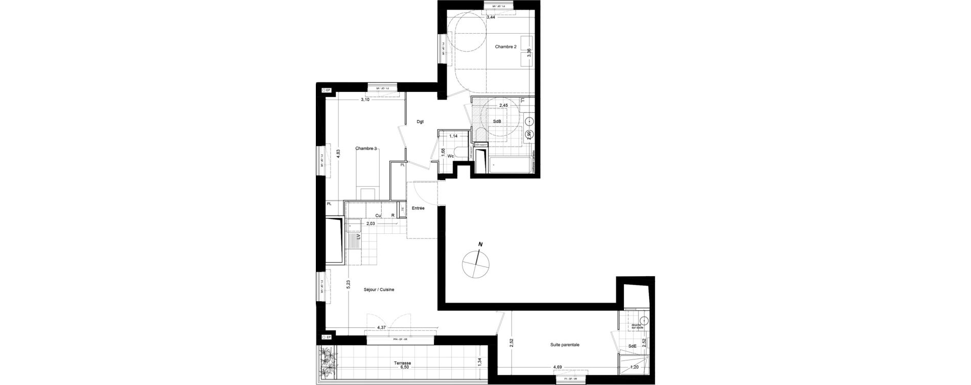 Plan appartement T de m² neuf à Asnières sur Seine résidence Central Parc n