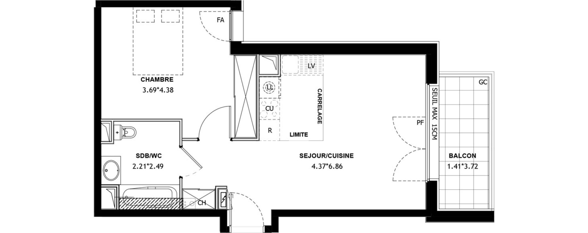 Appartement T2 de 42,45 m2 &agrave; Asni&egrave;res-Sur-Seine Voltaire