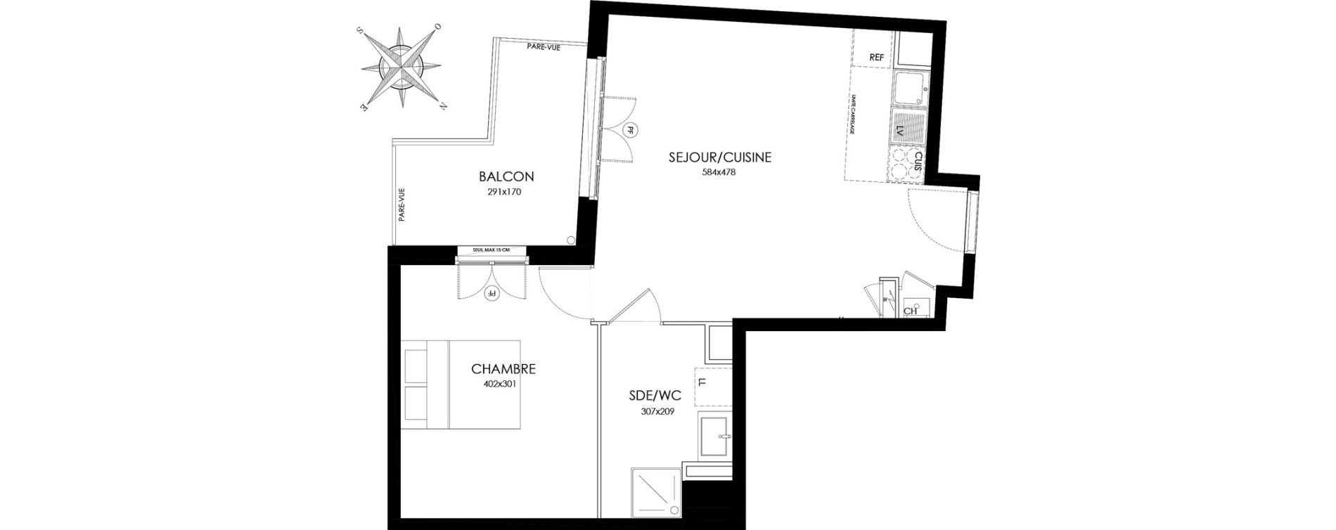 Appartement T2 de 42,80 m2 &agrave; Asni&egrave;res-Sur-Seine L'alma