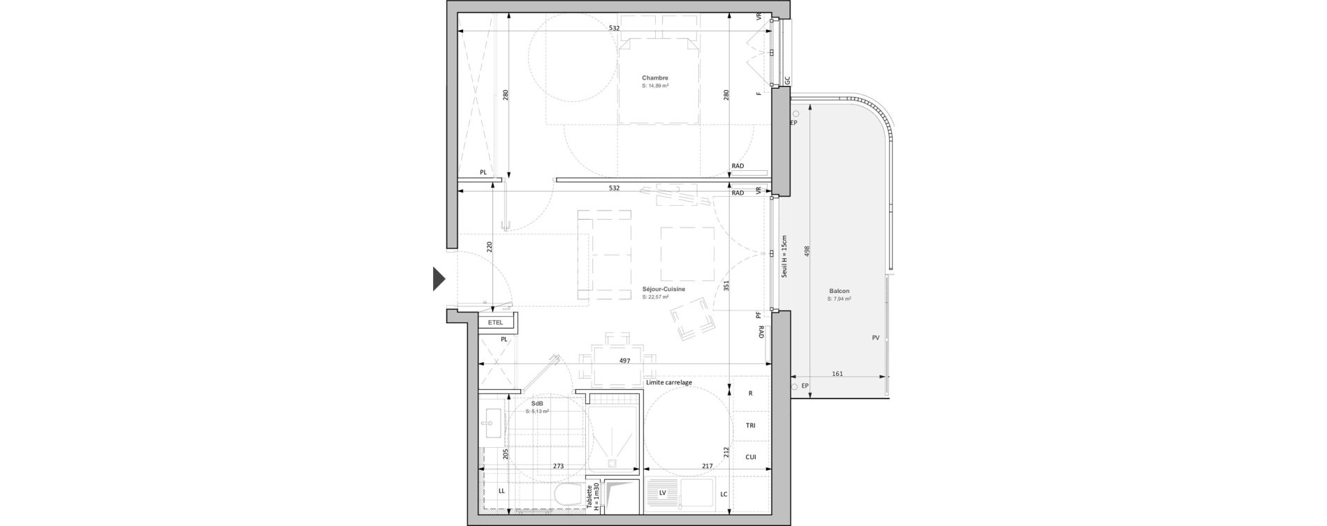 Appartement T2 de 42,59 m2 &agrave; Clichy Bac d'asni&egrave;res
