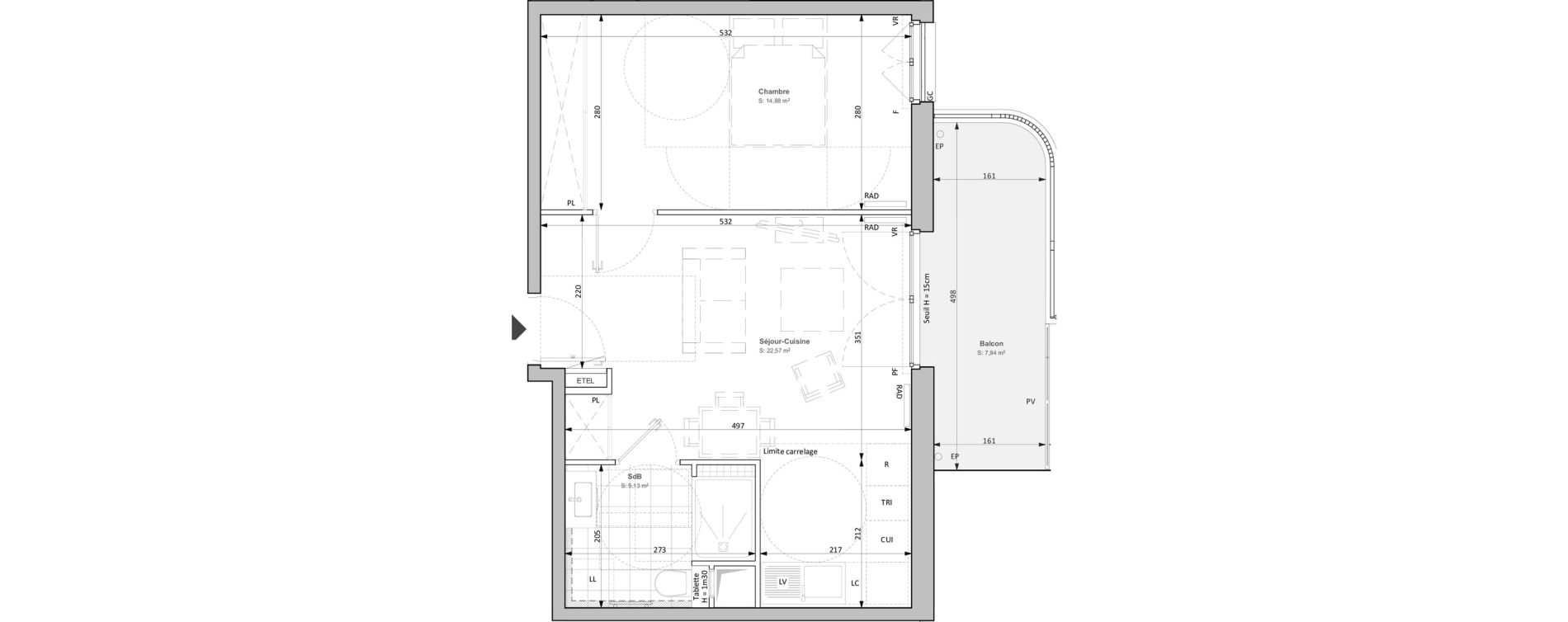 Appartement T2 de 42,58 m2 &agrave; Clichy Bac d'asni&egrave;res