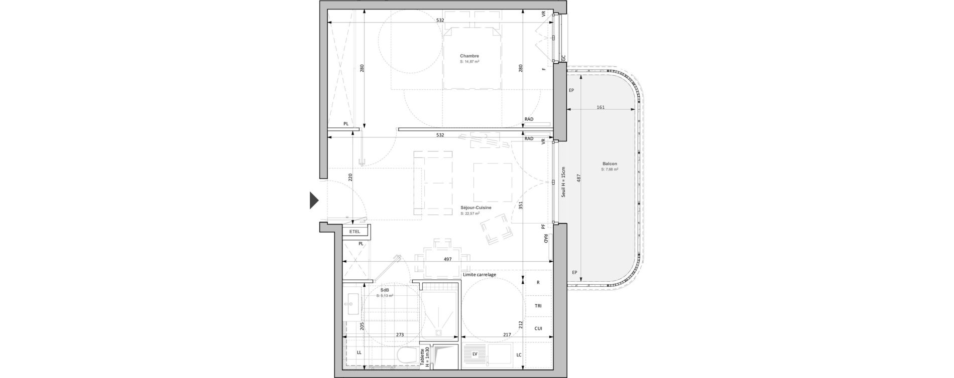Appartement T2 de 42,57 m2 &agrave; Clichy Bac d'asni&egrave;res