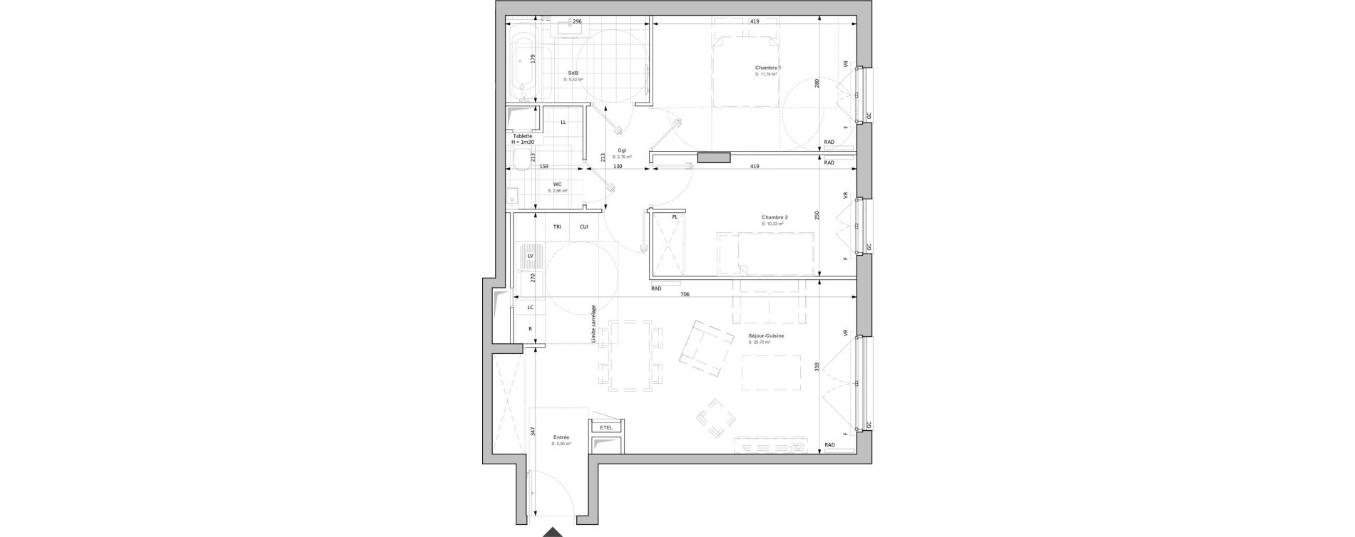 Appartement T3 de 64,31 m2 &agrave; Clichy Bac d'asni&egrave;res
