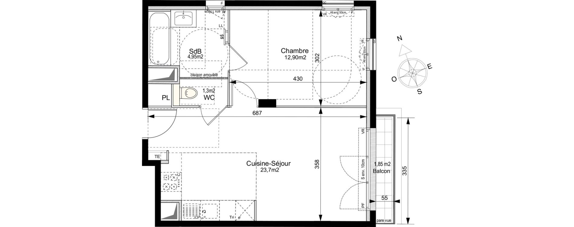 Appartement T2 de 42,85 m2 au Plessis-Robinson Ilot du ponant