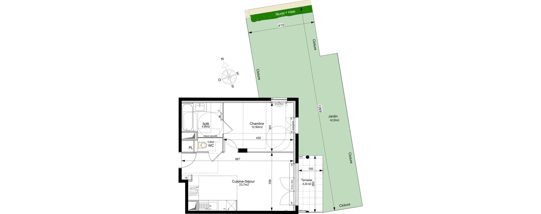 Appartement T2 de 42,75 m2 au Plessis-Robinson Ilot du ponant