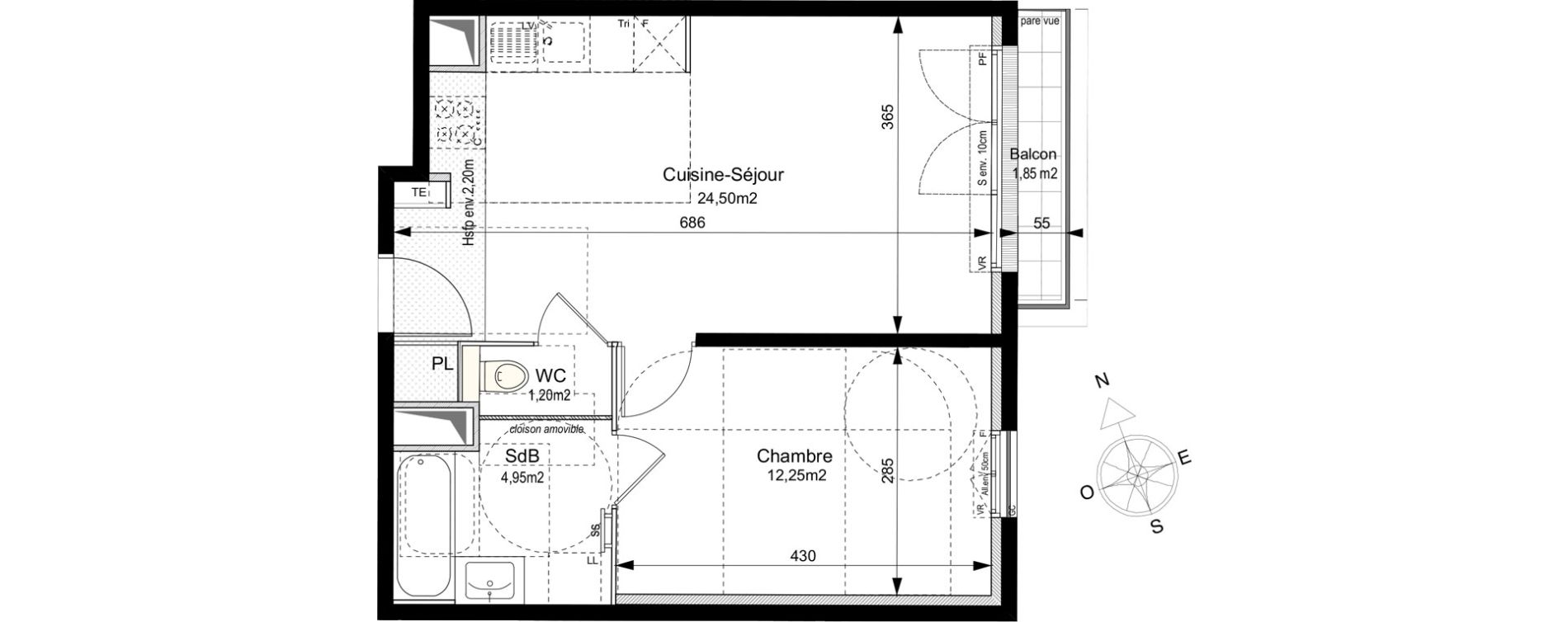 Appartement T2 de 42,90 m2 au Plessis-Robinson Ilot du ponant