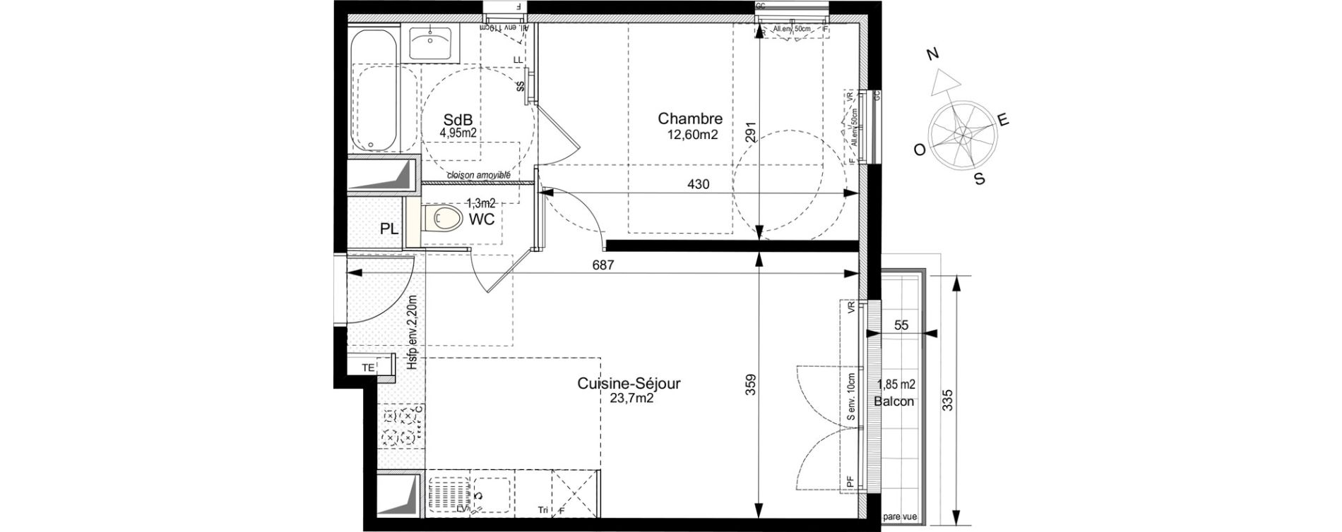 Appartement T2 de 42,55 m2 au Plessis-Robinson Ilot du ponant