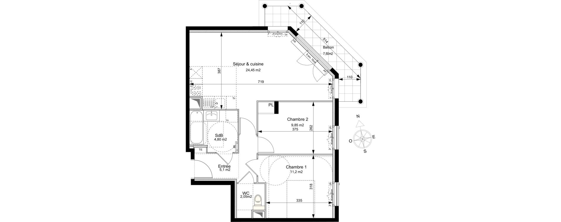 Appartement T3 de 57,45 m2 au Plessis-Robinson Ilot du ponant