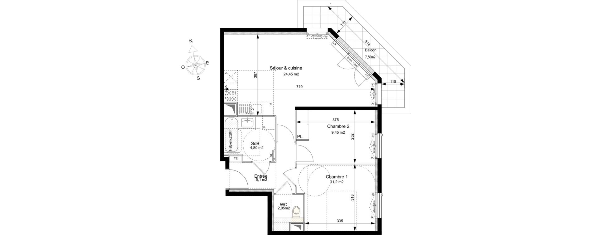 Appartement T3 de 57,05 m2 au Plessis-Robinson Ilot du ponant