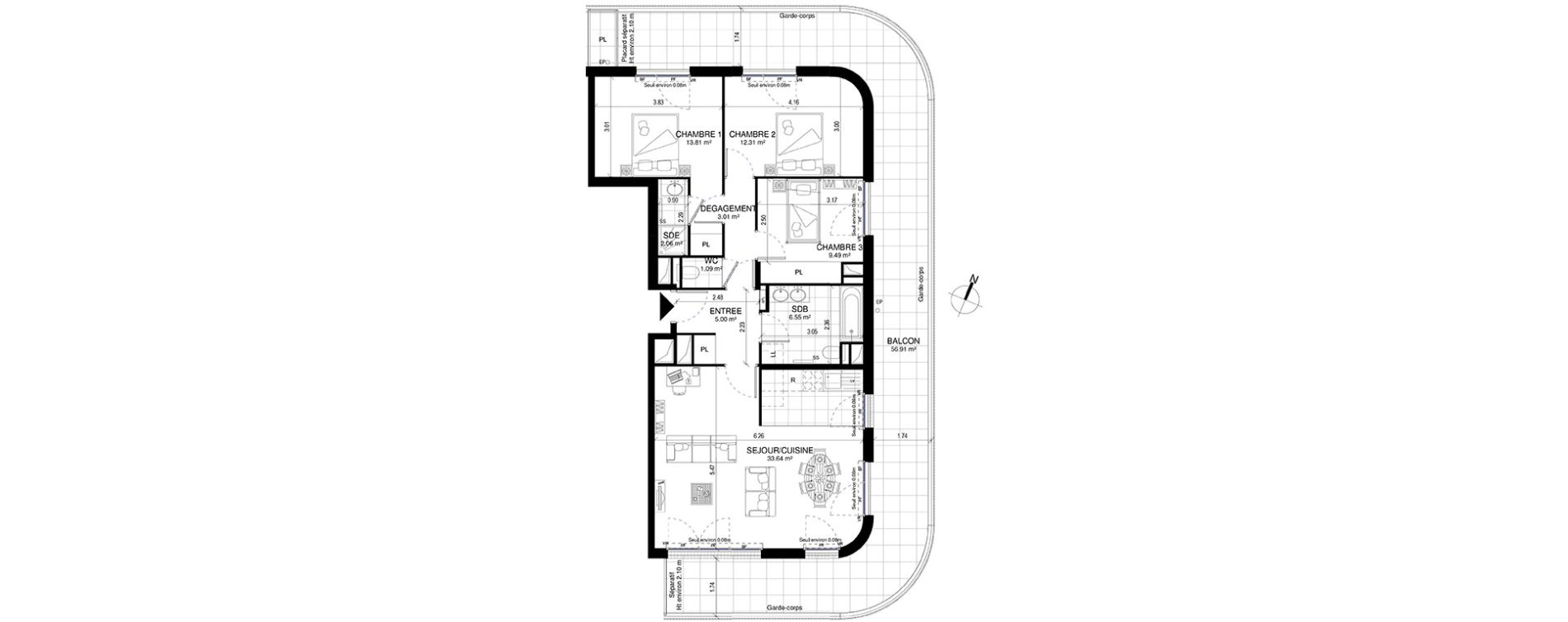 Appartement T4 de 86,96 m2 &agrave; Meudon Pointe de trivaux