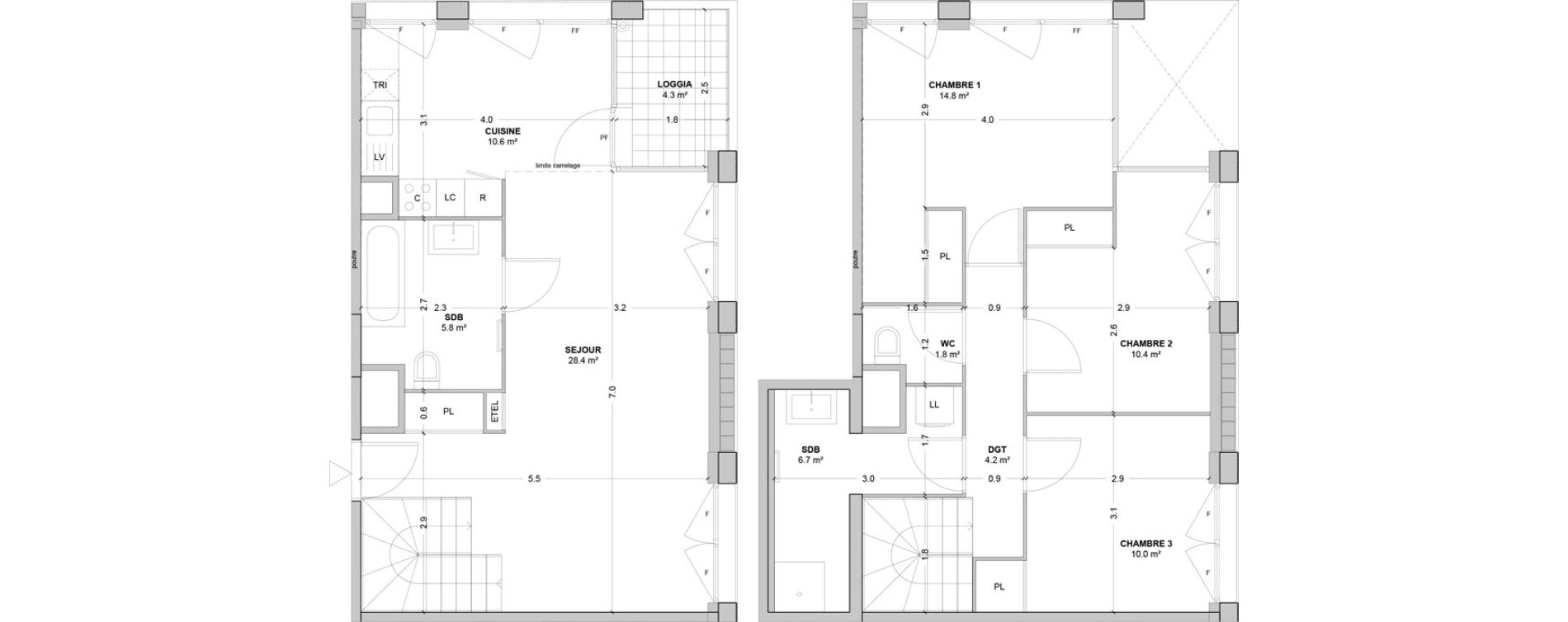 Duplex T4 de 92,70 m2 &agrave; Nanterre Les groues