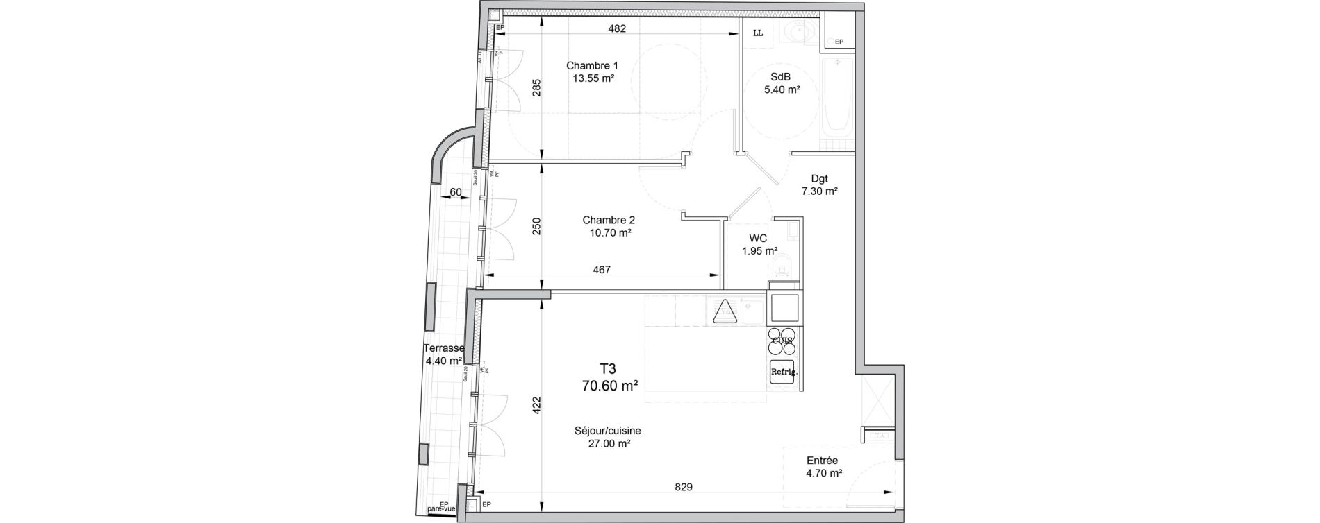 Appartement T3 de 70,60 m2 &agrave; Puteaux Wallace