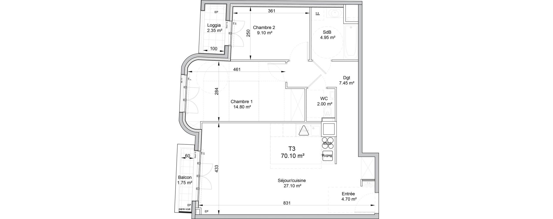 Appartement T3 de 70,10 m2 &agrave; Puteaux Wallace