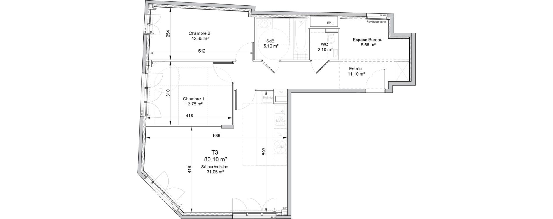 Appartement T3 de 80,10 m2 &agrave; Puteaux Wallace