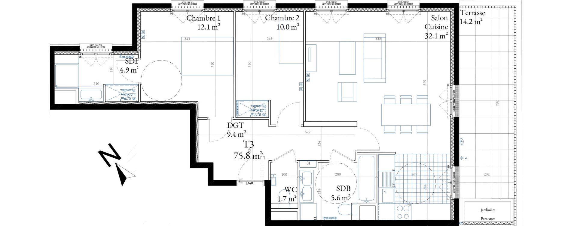 Appartement T3 de 75,80 m2 &agrave; Sceaux Centre