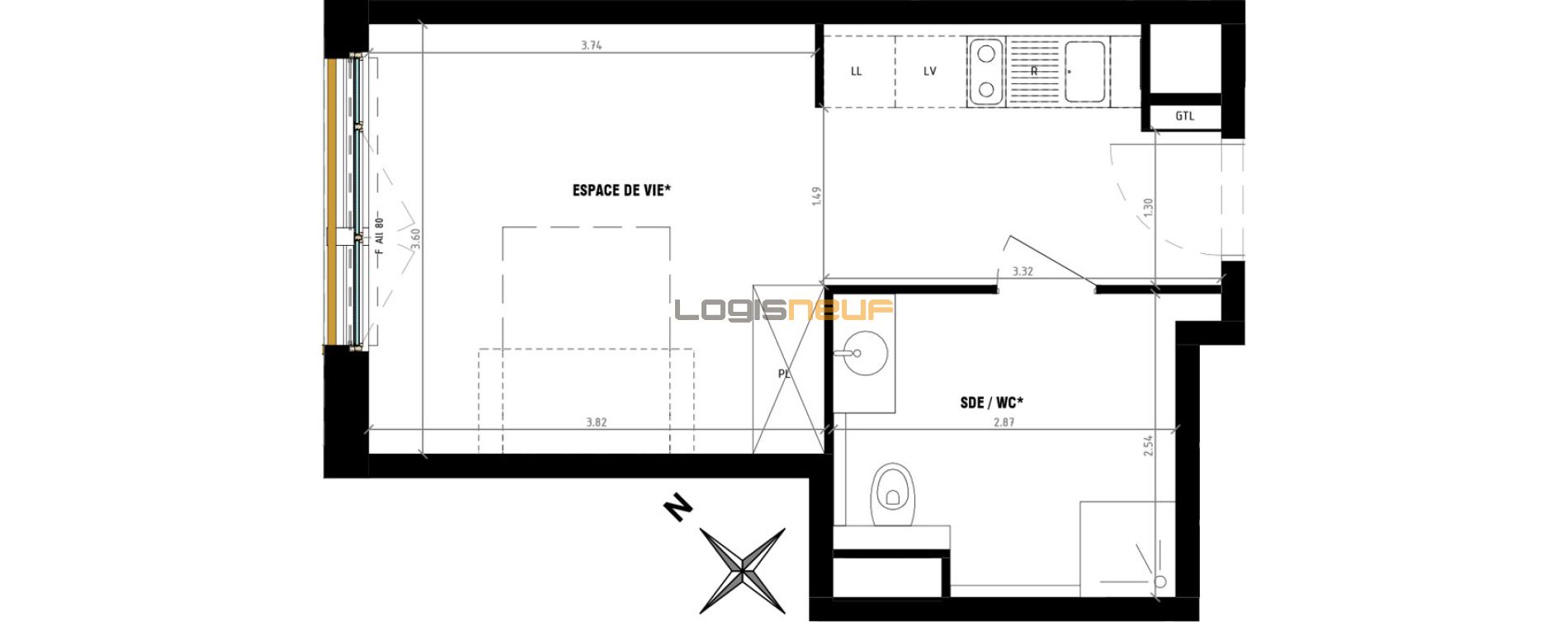Plan appartement T1 de 27 m² à Paris, résidence « Parc en Ciel » n°100