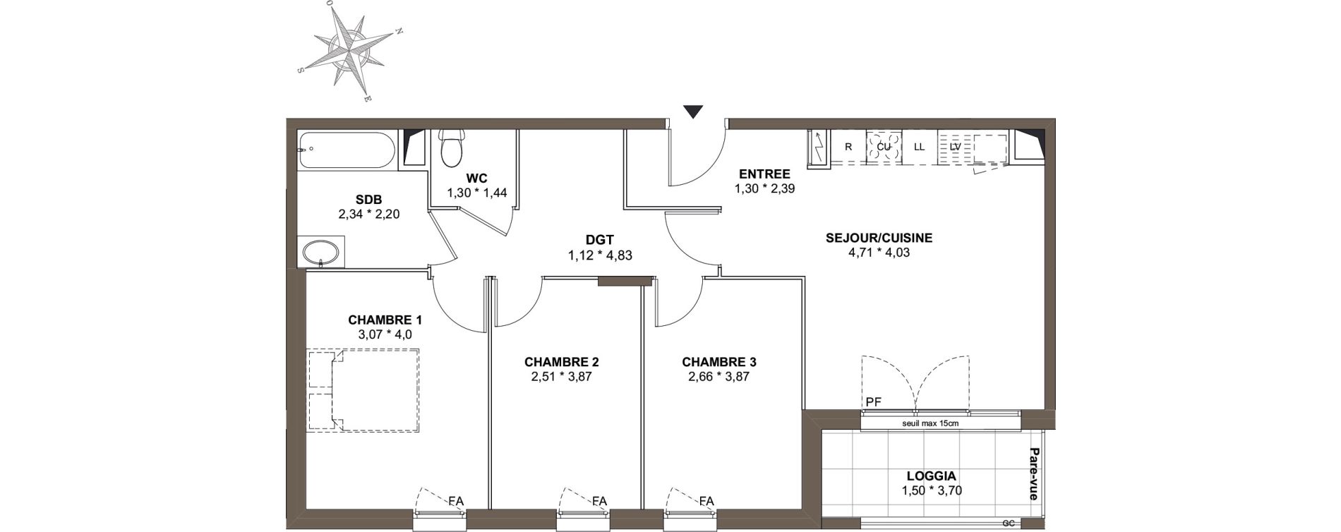 Appartement T4 de 70,44 m2 &agrave; Combs-La-Ville Mairie