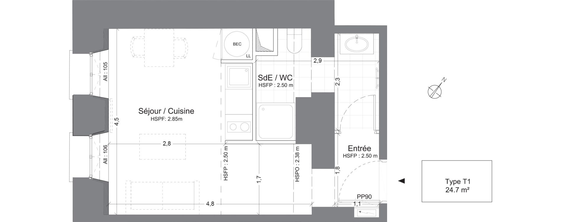 Appartement T1 de 24,70 m2 &agrave; Juilly Centre