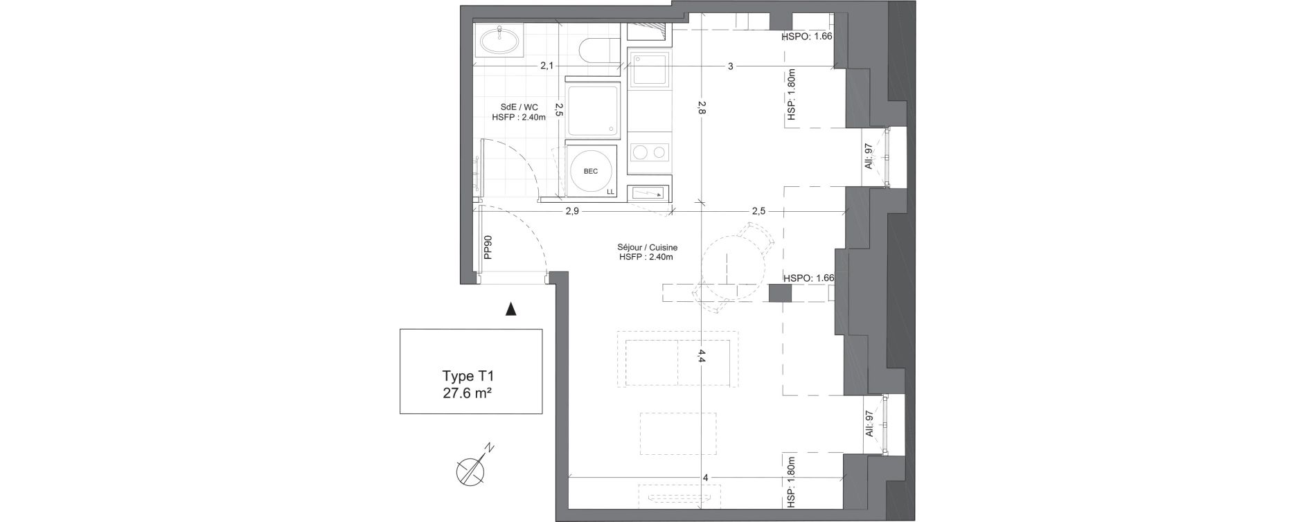 Appartement T1 de 27,60 m2 &agrave; Juilly Centre