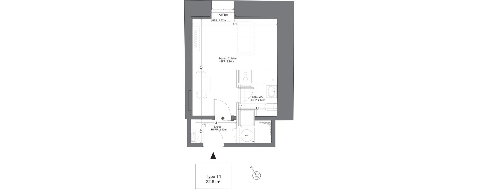 Appartement T1 de 22,60 m2 &agrave; Juilly Centre