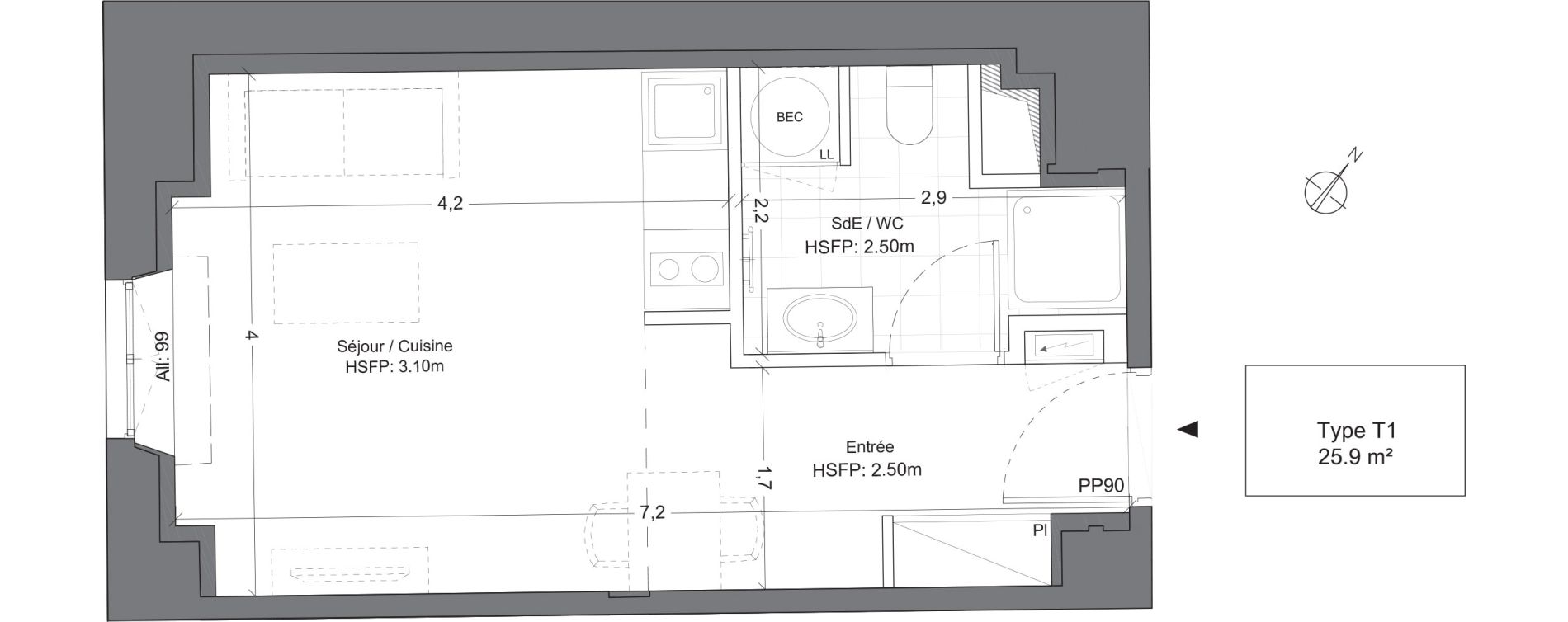 Appartement T1 de 25,90 m2 &agrave; Juilly Centre
